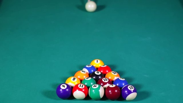 Close up shot of pool balls spreading on the billiard table. An opening spread on a pool table