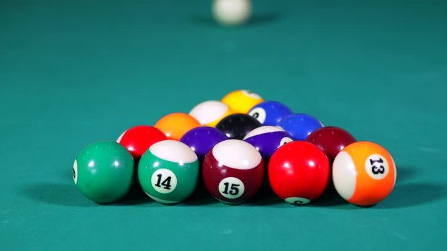 Close up shot of billiard balls spreading on the pool table. An opening spread on a pool table