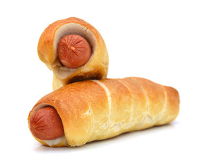 Sausage in bread isolated on white background