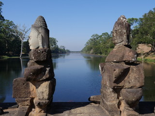 Siem Reap,Cambodia-December 22,2017:The south gate of Angkor Thom is 7.2 km north of Siem Reap, and 1.7 km north of the entrance to Angkor Wat. The walls are of laterite and a parapet on the top.