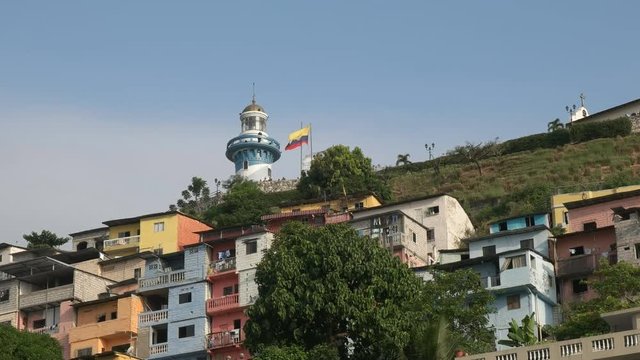 close up of cerro santa ana lighthouse and colorful houses in guayaquil, ecuador