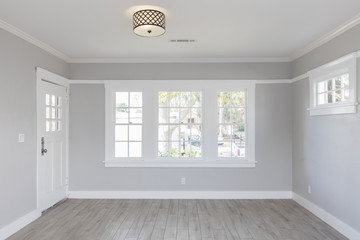 Entry door with wooden floor and window for virtual staging.
