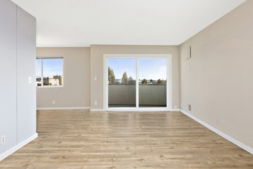 Living Room interior after remodelling with Balcony and wooden floor.