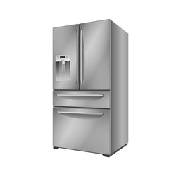 Modern steel refrigerator with two doors, ice machine and drawers. Vector illustration on white background