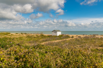 A single beach hut at the coast of the British Channel in Kingsdown, Kent, England, UK