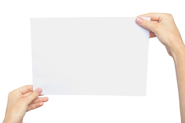 Woman holding paper sheet in her hands. Isolated on white