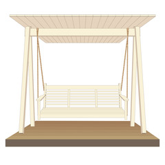 Garden wooden swing with platform and canopy. Outdoor relax furniture, vector illustration on white background.