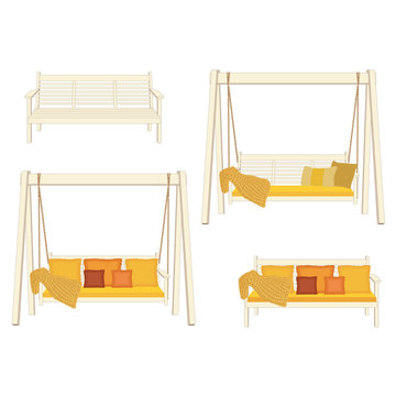 Outdoor wooden swing and bench. Garden relax furniture, vector illustration on white background.