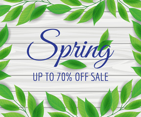 Sale poster with green leaves, and wooden background, vector illustration