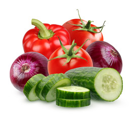 Ingredients for salad on a white background. Bunch of vegetables.