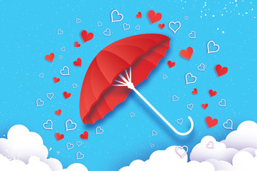 Happy Valentines day. Red umbrella. Air with Love raining. Origami Heart Rain drop. Parasol. Happy Monsoon season. Heart in paper cut style on blue background. Cloud. Romantic Holidays.14 February.