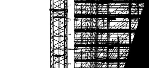 black silhouette on white background scaffolding and crane at building construction, profile...