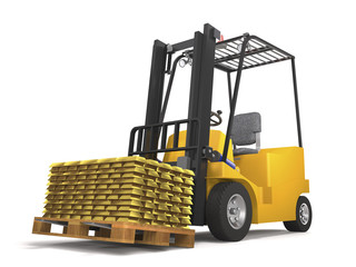 Forklift for an industrial warehouse with a pallet and gold bars (3d illustration).