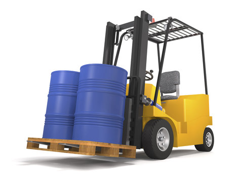 Forklift for an industrial warehouse with a pallet and barrels (3d illustration).