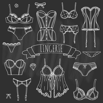 Hand drawn doodle Lingerie icon set. Fashion feminine vector illustration. Sexy lacy woman underwear symbol collection. Cartoon various sketch elements: bra, panties, corset, brassiere, string, bikini