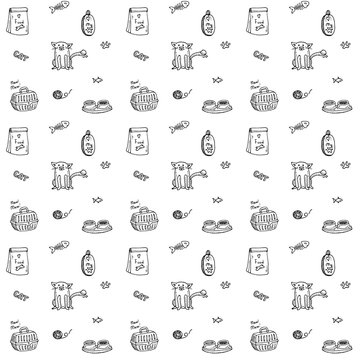 Seamless background Hand drawn doodle Pets stuff and supply icons set. Vector illustration. Vet symbol collection. Cartoon cats care elements: kitty, food, paw, bowl, carrier Pattern for pet shop