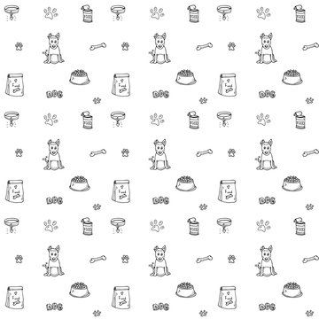 Seamless background Hand drawn doodle Pets stuff and supply icons set. Vector illustration. Vet symbol collection. Cartoon dogs care elements: puppy, food, paw, bowl, bone Pattern for pet shop