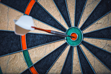 close up of the darts in bulls eye - 186425476