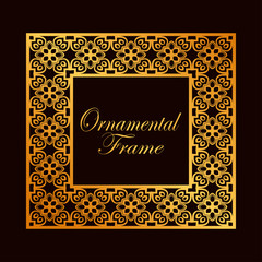 Vintage ornamental golden frame. Luxury elegant ornament. Flourished border. Element for brochures. Template for design. Vector illustration