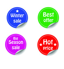discount circle sticker with curled corner marketing promotion set of labels sign best offer;winter sale,hot price and big season sale. Isolated vector illustration