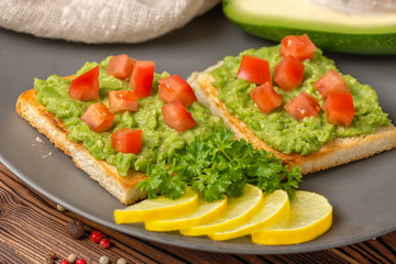 top down of sandwiches with latin american sauce guacamole avocado, diced tomatoes and toast decorated alligator pear fruit, sliced lemon on plate, parsley, vegetarian food