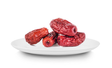 Chinese jujube in white plate on white background