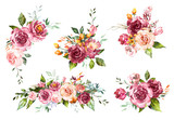 Set Watercolor flowers. Hand painted floral illustration. Bouquet of flowers red rose. Design arrangements for textile, greeting card. Abstraction  branch of flowers isolated on white background.