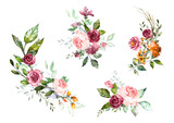 Set Watercolor flowers. Hand painted floral illustration. Bouquet of flowers pink rose. Design arrangements for textile, greeting card. Abstraction  branch of flowers isolated on white background.