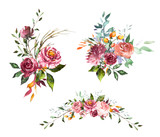 Set Watercolor flowers. Hand painted floral illustration. Bouquet of flowers pink rose. Design arrangements for textile, greeting card. Abstraction  branch of flowers isolated on white background.
