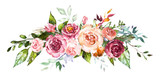 Watercolor flowers. Hand painted floral illustration. Bouquet of flowers rose, leaves and buds. Design arrangement for textile or greeting card. Abstraction  branch of flowers 