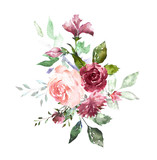 Watercolor flowers. Hand painted floral illustration. Bouquet of flowers rose, leaves and buds. Design arrangement for textile or greeting card