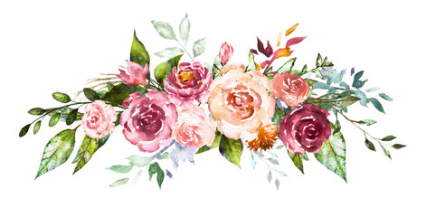 Watercolor flowers. Hand painted floral illustration. Bouquet of flowers rose, leaves and buds. Design arrangement for textile or greeting card. Abstraction  branch of flowers 