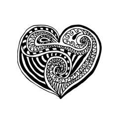 Vector illustration of doodle hand drawn heart. Coloring page book for Valentine day. Black and white card for Saint Valentines Day. Symbol of love