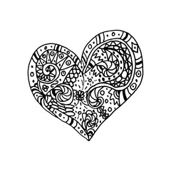 Vector illustration of doodle hand drawn heart. Coloring page book for Valentine day. Black and white card for Saint Valentines Day. Symbol of love