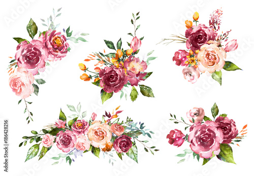 Set Watercolor flowers. Hand painted floral illustration. Bouquet of flowers red rose. Design arrangements for textile, greeting card. Abstraction  branch of flowers isolated on white background.