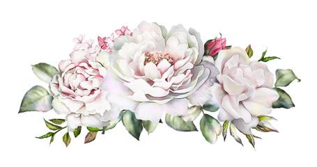 watercolor flowers. floral illustration, Leaf and buds. Botanic composition for wedding or  greeting card.  branch of flowers - roses, peonies, isolated on white background © lisima