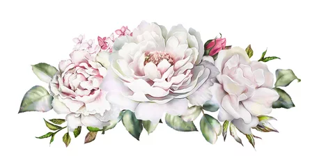 Glasschilderij Pioenrozen aquarel bloemen. bloemen illustratie, blad en knoppen. Botanische compositie voor bruiloft of wenskaart. tak van bloemen - rozen, pioenrozen, geïsoleerd op een witte achtergrond