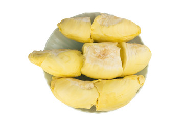 durian. king fruit. peeled. on dish. isolated on white background