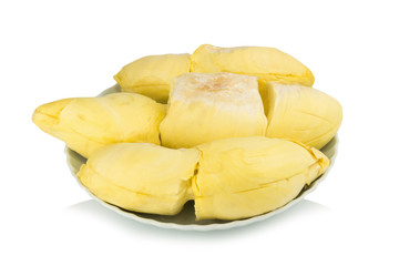 durian. king fruit. peeled. on dish. isolated on white background