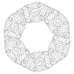 Wreath in black and white for adult coloring book.