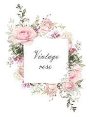 Vintage Card, Watercolor wedding invitation design with pink roses, bud and leaves. flower, background with floral elements for text, watercolor background. Template.  frame