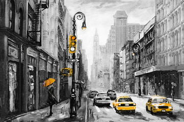 oil painting on canvas, street view of New York, man and woman, yellow taxi, modern Artwork, American city, illustration New York