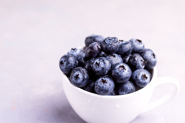 Fresh Raw Organic Farm Blueberry in Cup on white kitchen Background Above