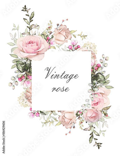 vintage card watercolor wedding invitation design with pink roses free wedding background templates