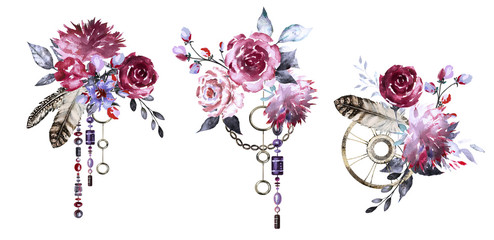 Set watercolor illustration with roses and other flowers,  keys, feathers. Tribal background with flowers, jewelry. Boho Cool print on T-shirt. Vintage © lisima