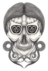 Art Women Skull Tattoo. Hand pencil drawing on paper.