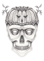 Art surreal pumpkin mix skull. Hand pencil drawing on paper.