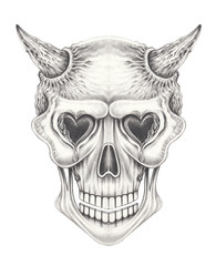 Art Surreal Devil Skull. Hand pencil drawing on paper.