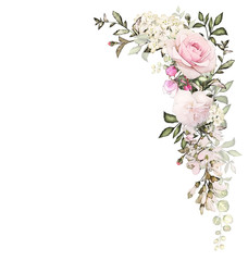 Vintage Card, Watercolor wedding invitation design with pink rose, bud and leaves. wild flower, background with floral elements for text, watercolor background. Template. frame