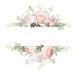 Vintage Card, Watercolor wedding invitation design with pink rose, bud and leaves. wild flower, background with floral elements for text, watercolor background. Template. frame